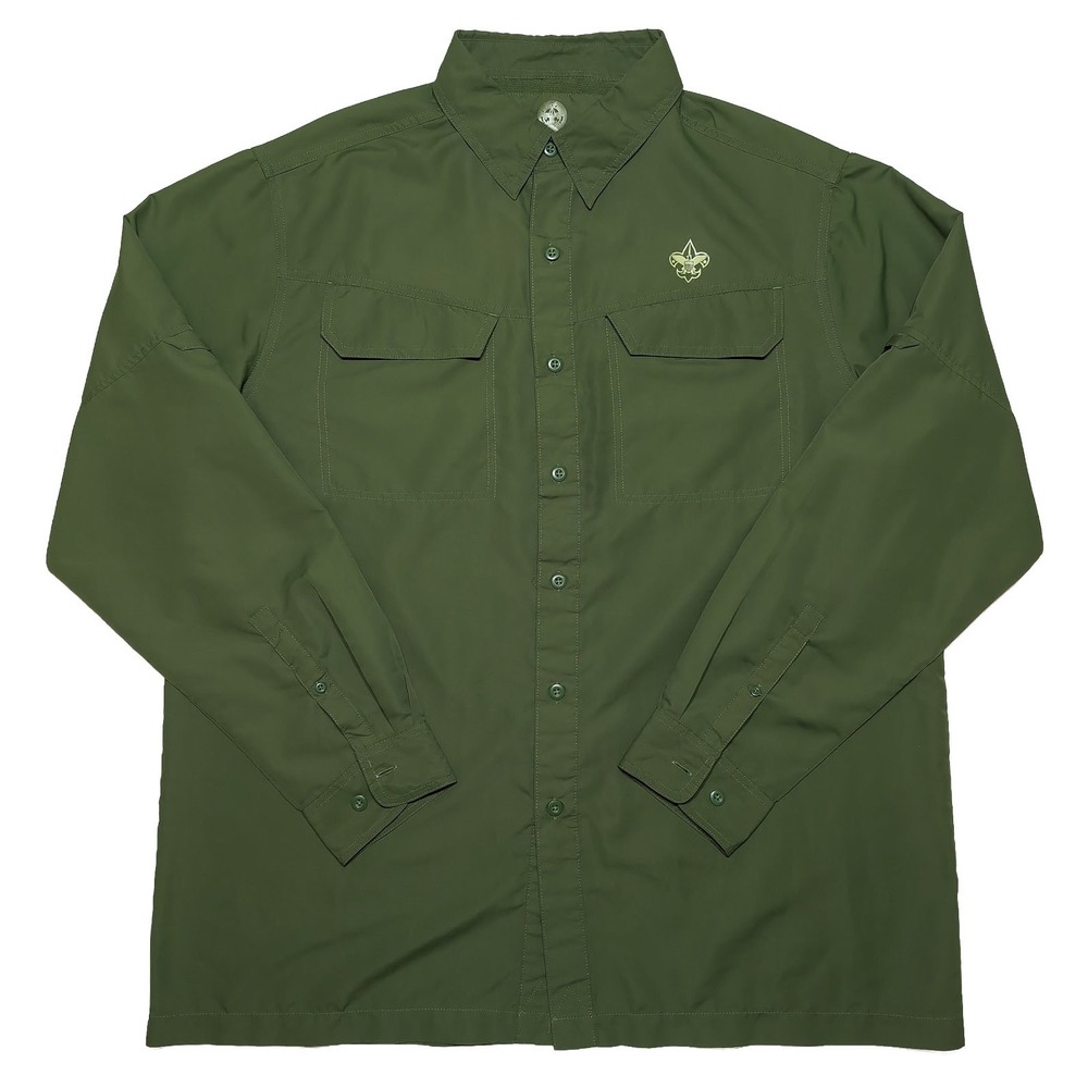 BOY SCOUTS OF AMERICA Shirt Mens Large Green Performance Long Sleeve Button Up
